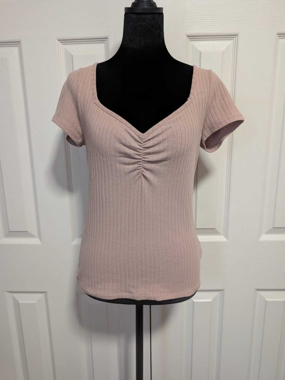 Madewell Ribbed Ruched V-Neck Short Sleeve Top - Blush Pink